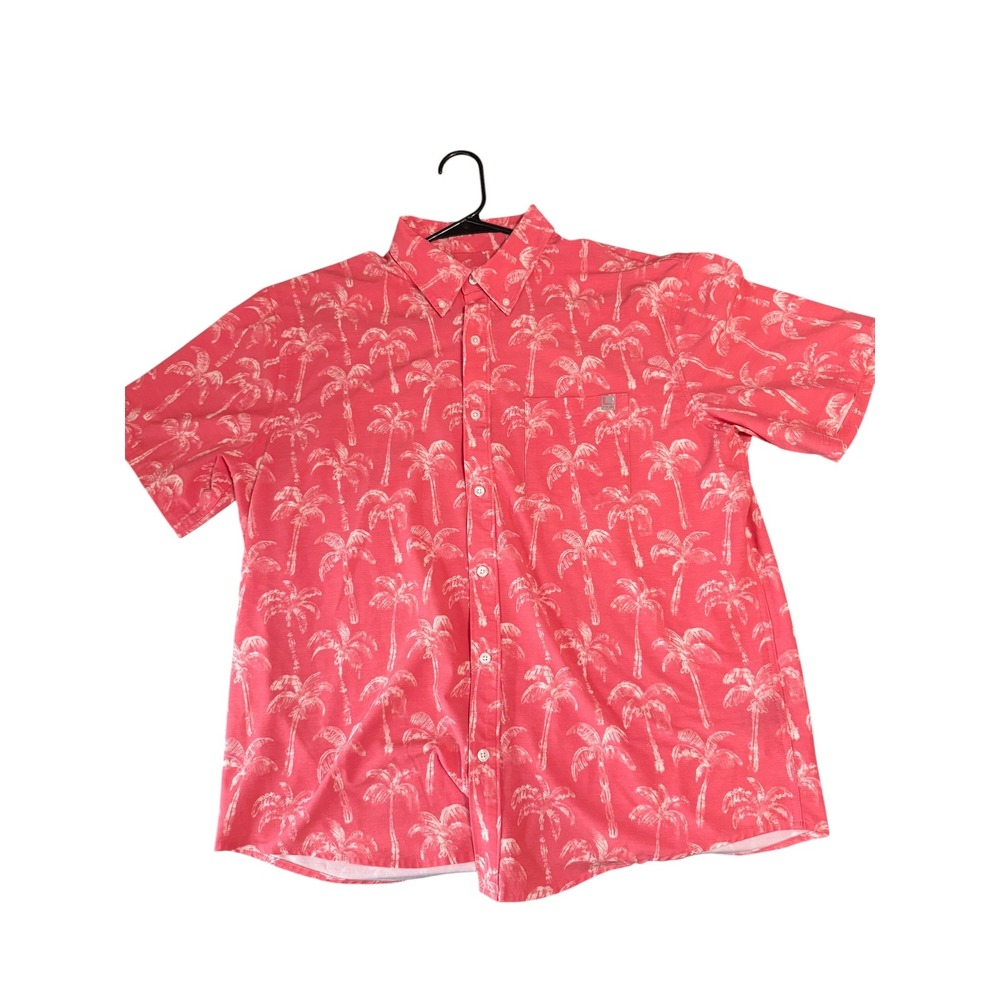 Huk Fishing Mens Large Coral Pink Palm Tree Short Sleeve Button Down Shirt